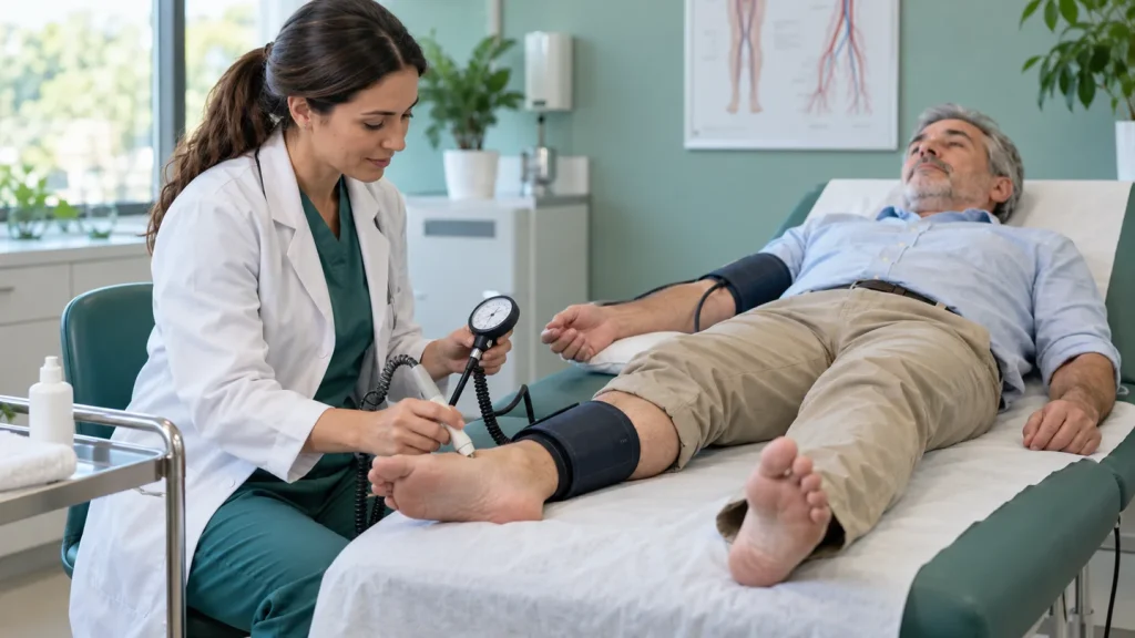 Profesional sanitario realizando una medición manual del índice tobillo-brazo con Doppler y manguitos de presión arterial.